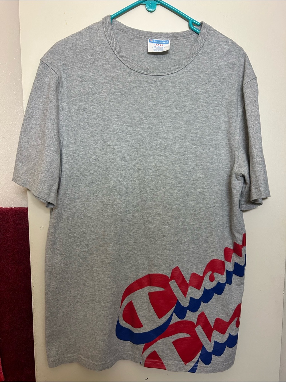 Champion Gray Big Wrap Around Script Logo Shirt Size L